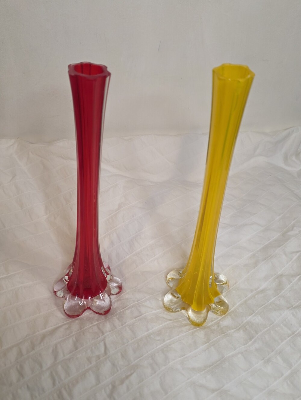 Vintage Hand Blown Yellow And Red Glass Bud Vases